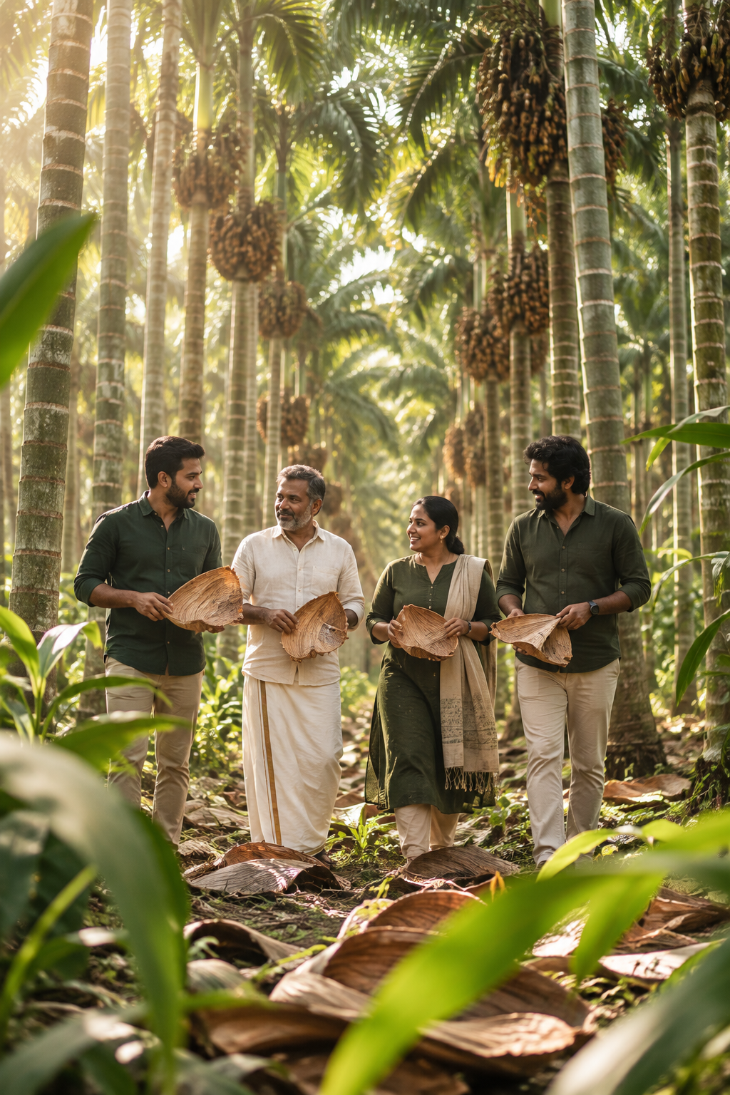 EcoSpan team walking through a sunlit areca palm plantation