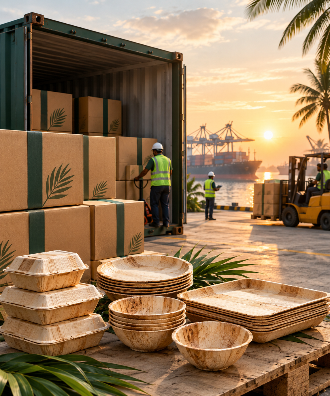 EcoSpan areca tableware packed in kraft export cartons ready for shipment