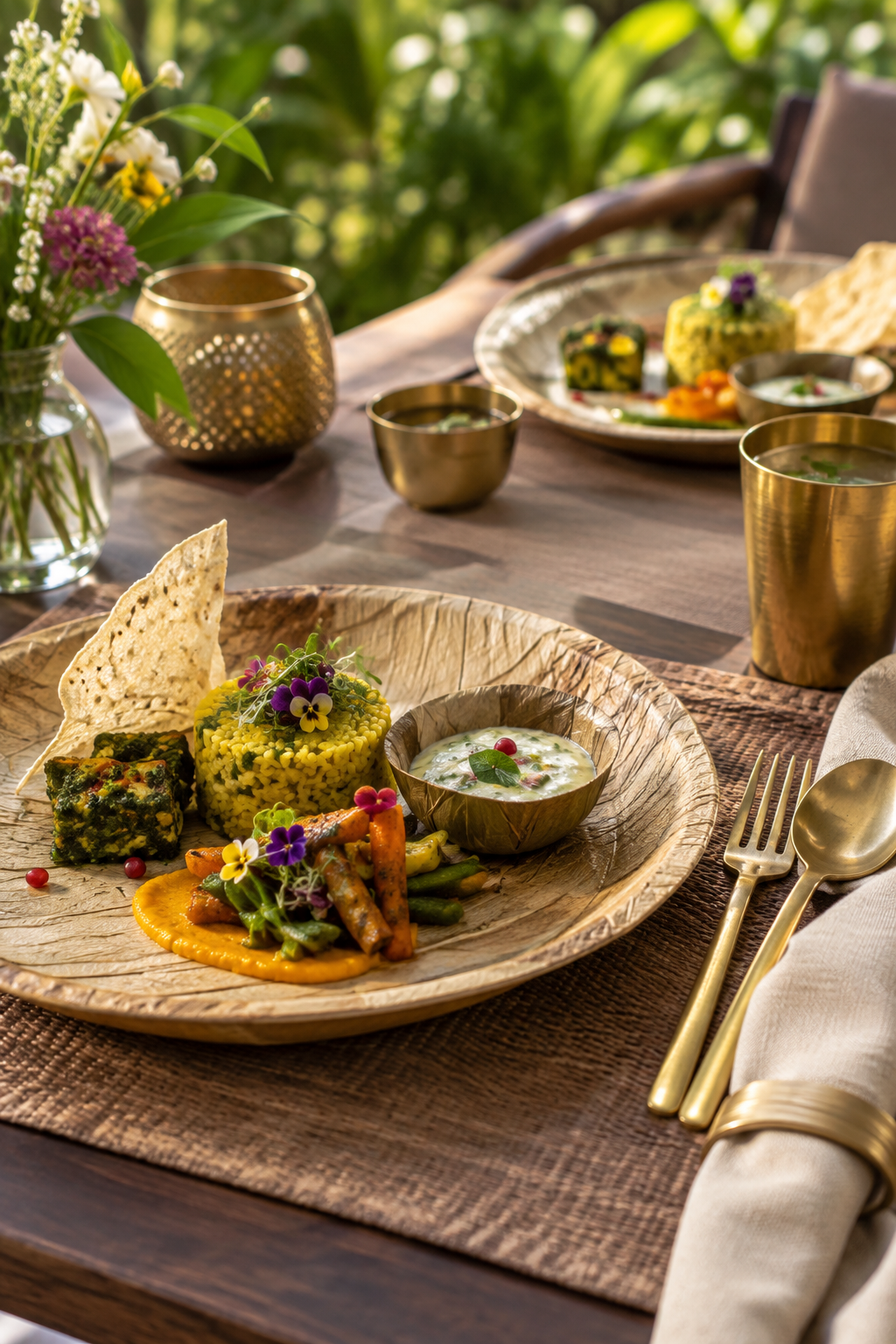 Hospitality table setting with EcoSpan areca leaf tableware and plated vegetarian cuisine