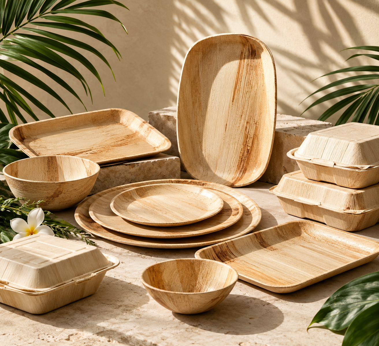Collection of EcoSpan areca palm leaf plates, bowls, trays and takeaway containers
