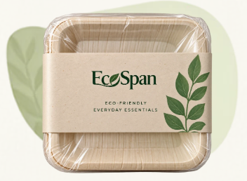 EcoSpan plates in biodegradable shrink wrap with a kraft private-label band